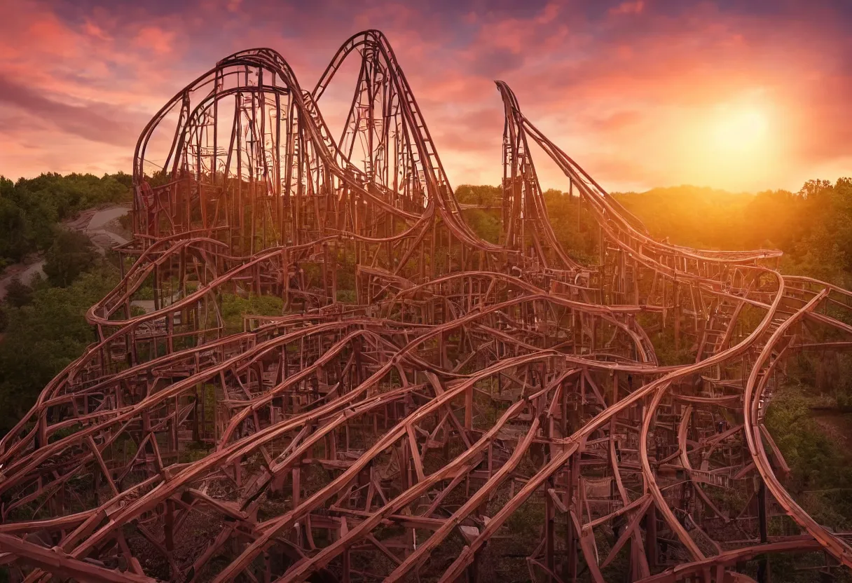Prompt: wooden rollercoaster with broken track at sunset 4k, hd, photorealistic