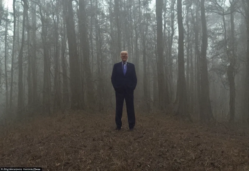 Prompt: low quality iphone photo of joe biden standing ominously deep in the foggy woods with a demonic smile in his face, low visibility creepy, grainy, trail cam footage