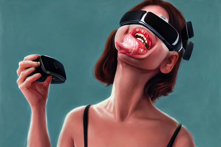 Image similar to a woman with a vr headset has a pill on her tongue and is hallucinating by gerald brom, trending on artstation