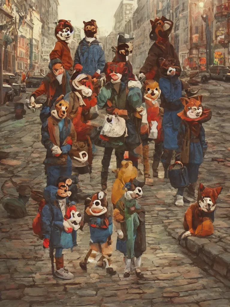 Image similar to three kids on the bottom center of the frame wearing vintage animal masks, standing in the middle of a cobble stone street in brooklyn, the lighting is godly and soft, whimsical, disney concept art style