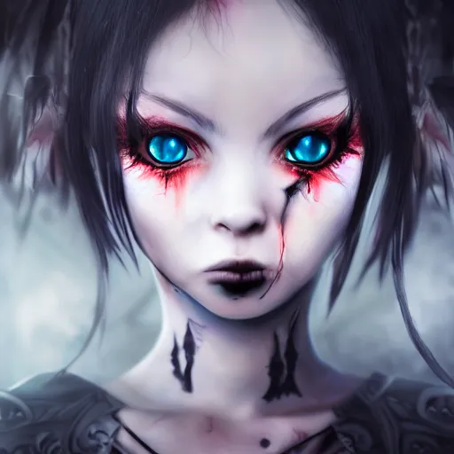 Prompt: photorealistic full shot portrait of cute angry darkness anime girl, gothic clothing, worrying eyes, inspired by Tim Burton, detailed, unreal engine 4k volumetric light, fog,