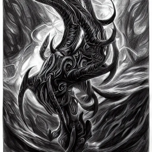 Prompt: full body grayscale drawing by Anato Finnstark of horned demon in 3/4 view, swirling flames