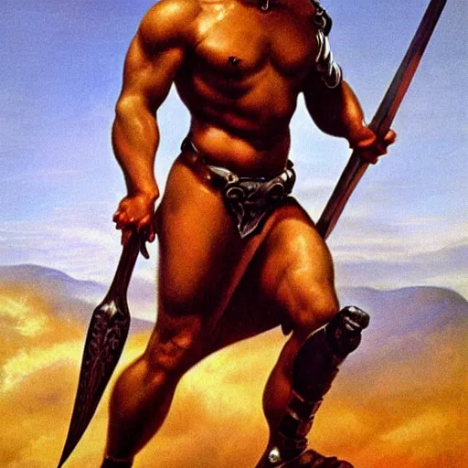 Prompt: Oil paitning Obama as a barbarian warrior Boris Vallejo