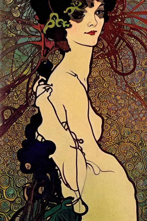 Image similar to art nouveau portrait en buste of flapper girl annasophia robb by Alphonse Mucha, by Aubrey Beardsley, by Gustav Klimt, by Maxfield Parrish, by Gerda Wegener, by Henri de Toulouse-Lautrec, bold moody colors, flamboyant clothes, bright gothic, roaring twenties