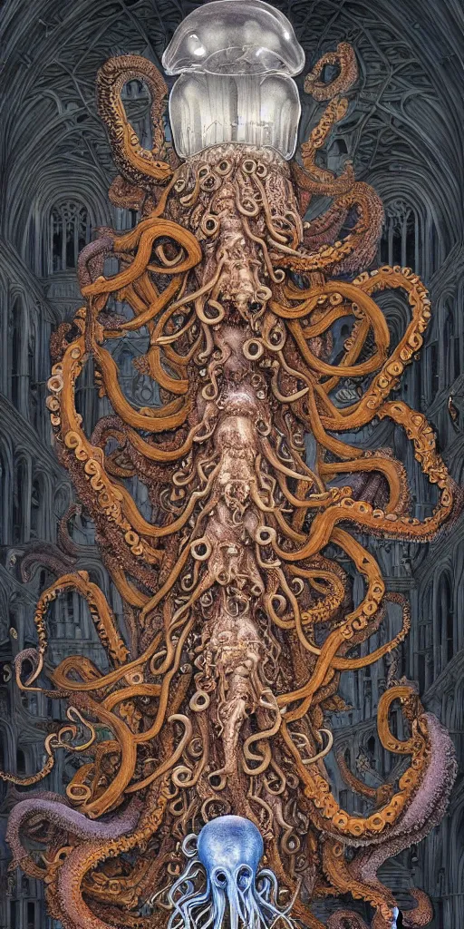 Image similar to group of mankind mages with octopus heads with jellyfish inside an ancient mage castle hall colossal scale, gothic and baroque, brutalist architecture, ultradetailed, Intricate by James Jean and Josan Gonzalez and John Howe and Giuseppe Arcimboldo