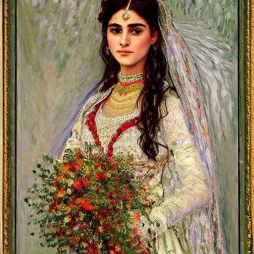 Image similar to full body portrait of a beautiful Kurdish bride wearing a beautiful wedding dress, very detailed eyes, hyperrealistic, beautiful and symmetrical face, very detailed painting by Claude Monet and Alphonse Mucha, trending on artstation, extremely high detail, incredibly intricate