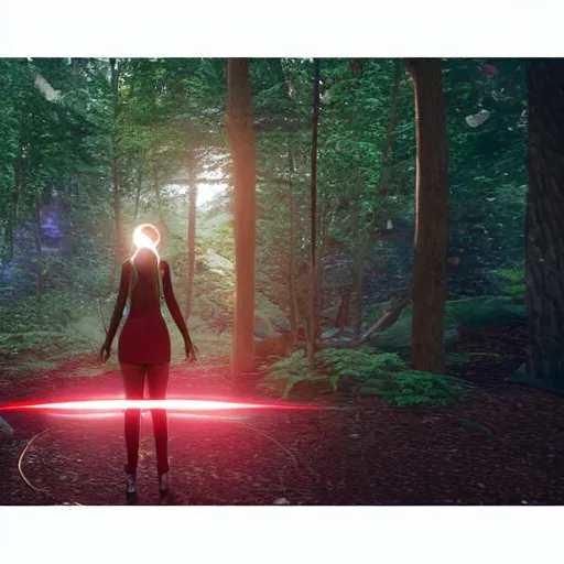 Image similar to a girl in the woods, wearing futuristic clothes, with a red bright orb shining above her, unreal engine 4k detailed
