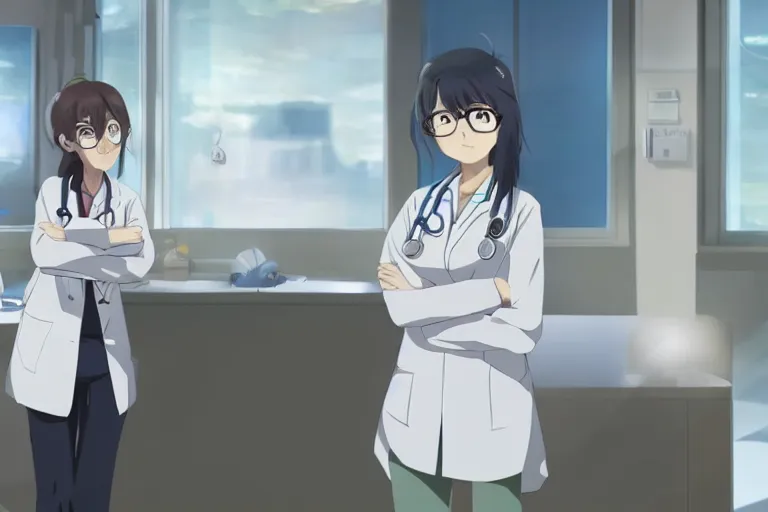 Image similar to a cute young female doctor wearing white coat are working in an emergency department , slice of life anime, cinematic, lighting, 8kHDR, anime scenery by Makoto shinkai