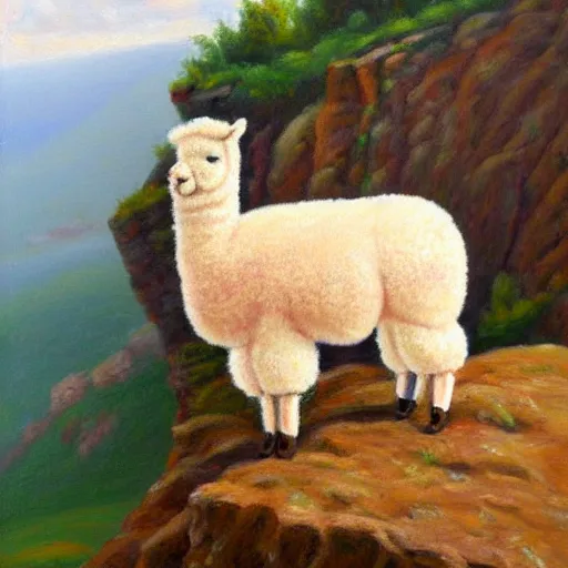 Image similar to fluffy pink alpaca on a cliff, oil painting