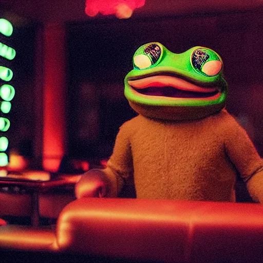 Image similar to cinematic portrait of pepe the frog as a replicant in a busy nightclub, frightened and angry, still from the movie bladerunner, fashion photography, a neon sign is in the background