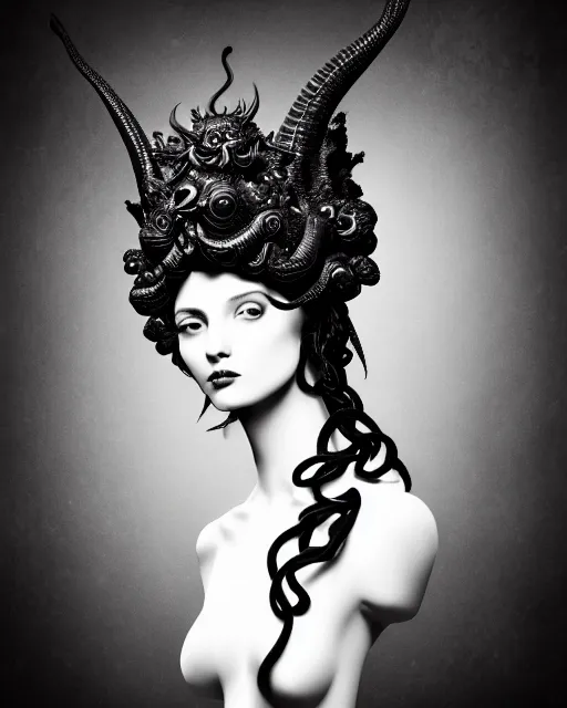 Image similar to dark background, a black and white high quality dreamy photo of a young beautiful female queen-dragon-vegetal-flower-cyborg bust with a very long neck and delicate Mandelbrot fractal face, elegant, highly detailed, flesh highly baroque ornate, hair are curled wired cables, elegant, poetic, soft, dreamy, mysterious, high fashion, rim light, in the style of Ellen von Unwerth, Realistic, Refined, Digital Art, Highly Detailed, Cinematic Lighting, rim light, black and white, photo-realistic, 8K