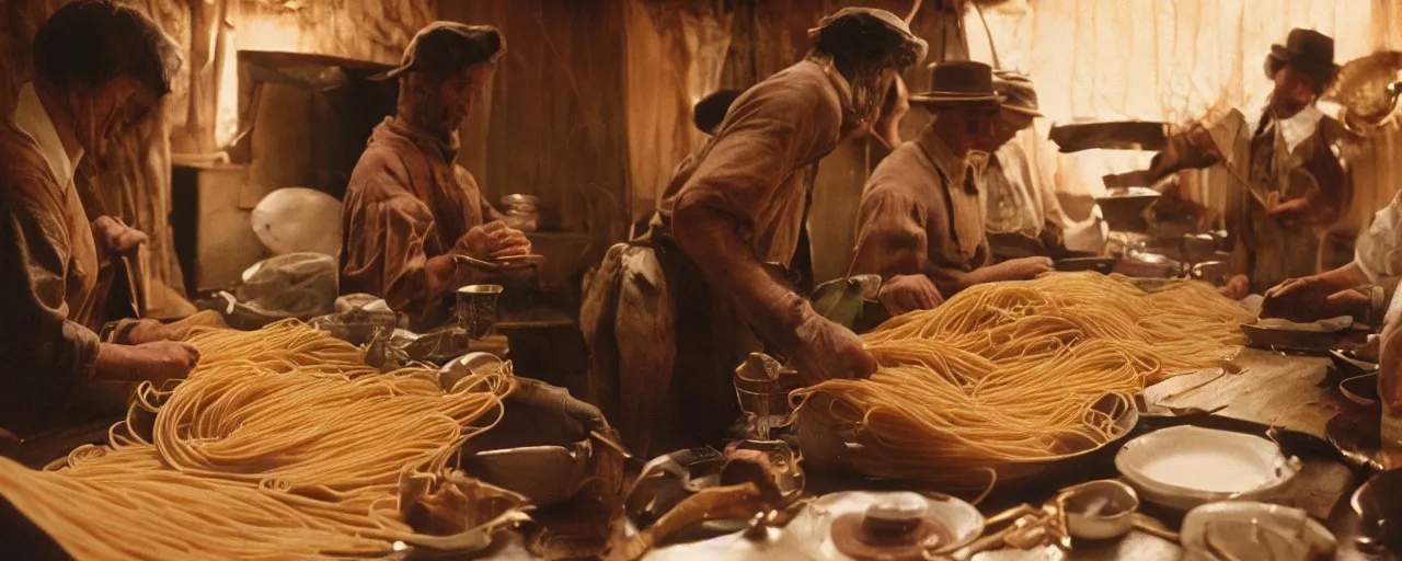 Prompt: wide shot harvesting spaghetti during the gold rush, no faces, intricate, sigma 5 0 mm, cinematic lighting, photography, wes anderson, film, kodachrome