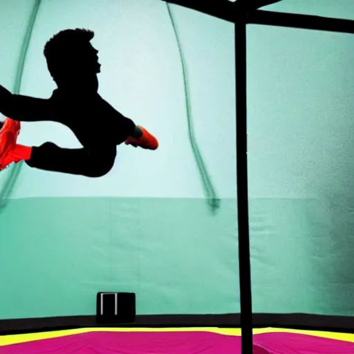 Image similar to silhouette of a man falling from a high surface onto a trampoline in a trampoline park, realistic, detailed, accurate, colorful.