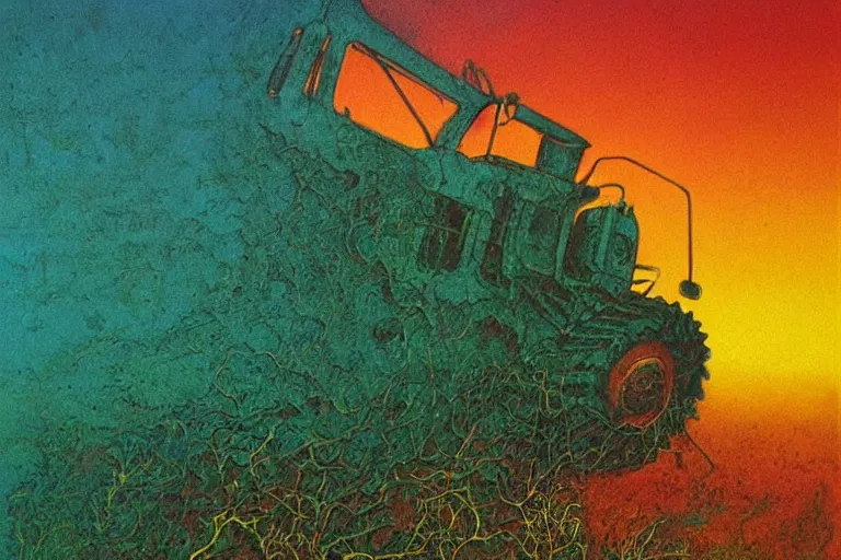 Prompt: john deere harvester, art by beksinski and pauline baynes, trending on artstation, iridescent cool blue and cyan and red and blue and yellow and green lighting camera view from above surrealism, very very intricate, concept art, fisheye lens, situationist international