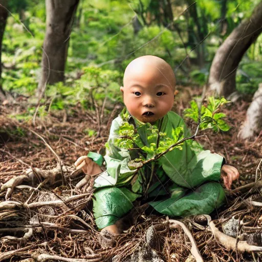 Image similar to chinese fairytale ginseng plant babies playing and jumping around in the deep forest, with sunlight shining through the tress, and a herbal medicine hunter crouching in the bushes