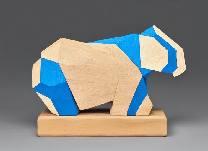 Image similar to a minimalist curvy shaped sculpture of hippopotamus!, ( ( wood ) ) and ( ( blue epoxy ) ) on top mix, cubic blocks stripes cuts, side view profile centered, studio, design, object, reddit