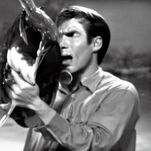 Prompt: a screen still of a man chewing on a carp from an episode of the twilight zone