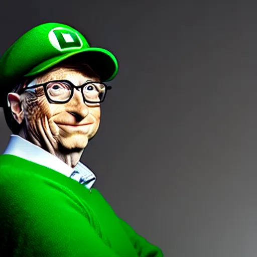 Prompt: uhd candid photo of hyperdetailed bill gates dressed as luigi. correct face, accurate luigi costume, cinematic lighting, photo by annie leibowitz, and steve mccurry.
