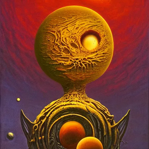 Prompt: Creature in space holding a planet made by Zdzislaw Beksinski, Jeffrey Smith and H.R. Giger, oil on canvas, 8k highly professionally detailed, trending on artstation