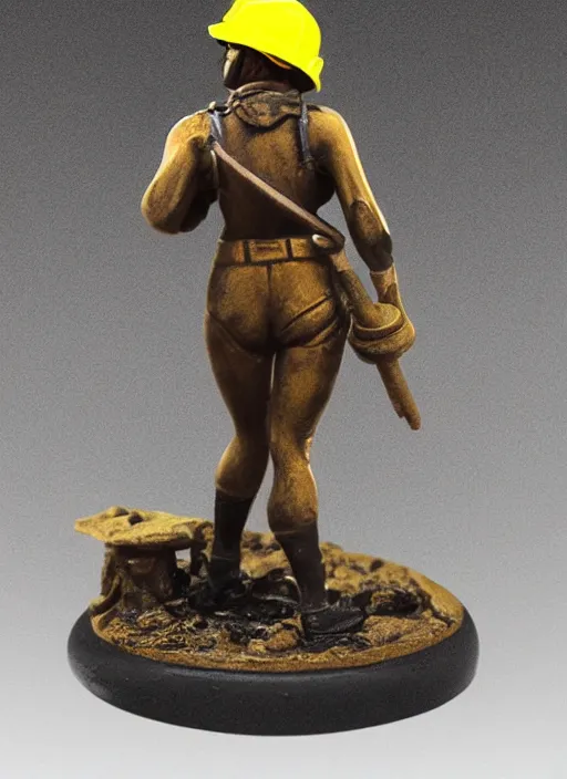 Image similar to Fine Image on the store website, eBay, Full body, 80mm resin detailed miniature of a Muscular female miner, wearing yellow helmet.