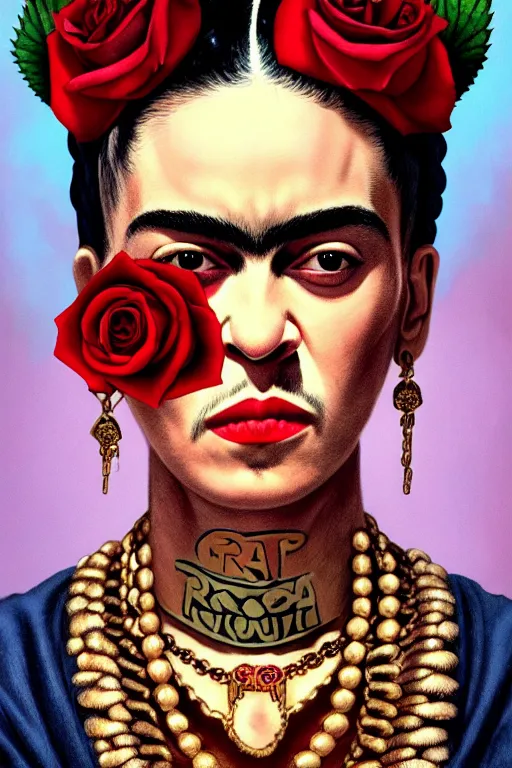 Image similar to rap album cover featuring frida kahlo wearing gangster thug outfit, staring directly into camera, intricate, elegant, dramatic lighting, highly detailed, digital painting, artstation, sharp focus, illustration, art by wlop, mars ravelo and greg rutkowski, roses replaced by weed buds, album cover, parental advisory