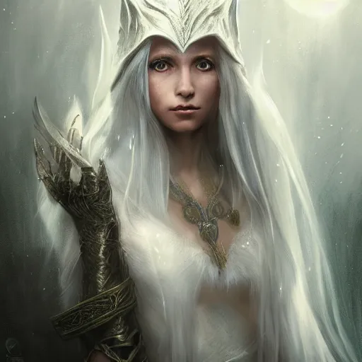 Image similar to a closeup portrait of an elven sorceress from skyrim wearing a white dress, fantasy setting, cold environment, serene colors, soft lighting, atmospheric, cinematic, moody, in the style of diego koi, gina heyer, luiz escanuela, art by alyssa monk, depth, hyperrealism, rule of thirds, golden ratio, oil on canvas, 8 k