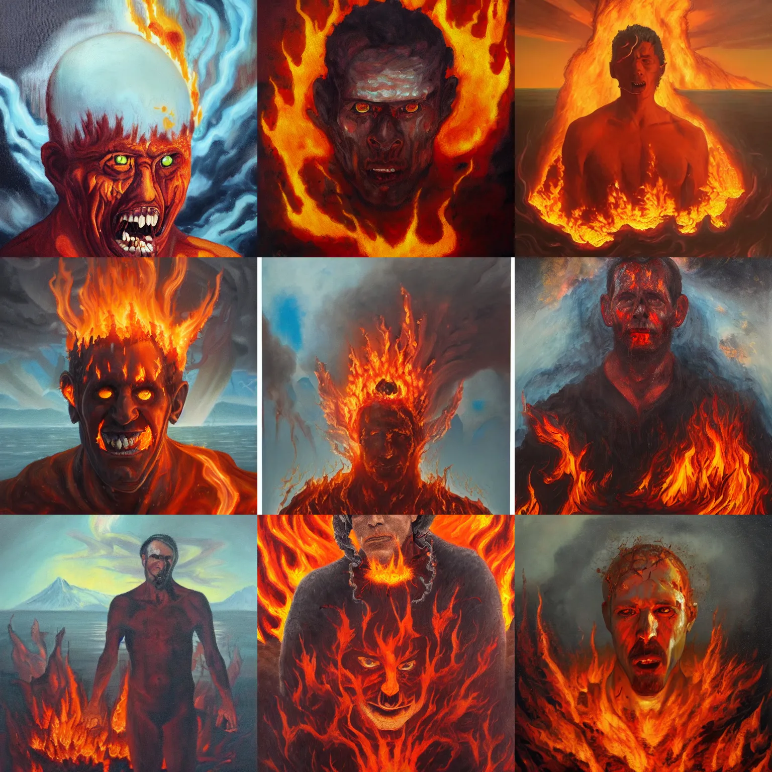 Prompt: portrait of a man tormented hell, engulfed in a lake of brimstone, surrounded by burning mountains, oil on canvas trending on artstation