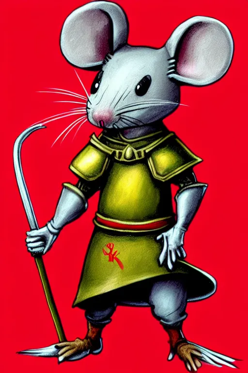 Prompt: a cute mouse knight character design, red wall, brian jacques fantasy art character