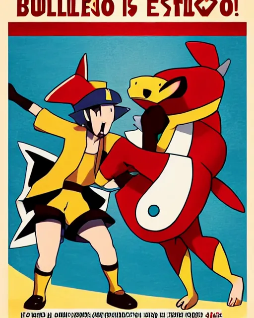 Image similar to a pokemon fight in the style of the spanish bullfighting posters