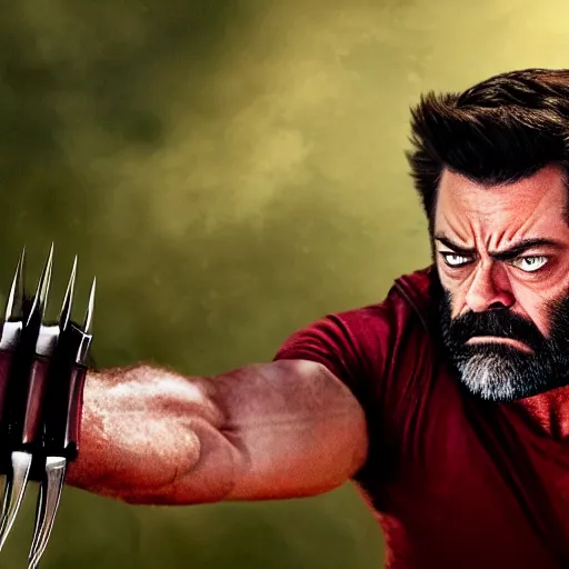 Prompt: logan wolverine with 3 claws released from his wrist as nick offerman, photorealistic mervel movie still, detailed, 8 k, digital art