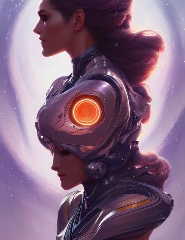 Image similar to futuristic woman portrait, sci-fi, amber eyes, face, long hair, fantasy, intricate, elegant, highly detailed, digital painting, artstation, concept art, smooth, sharp focus, illustration, art by artgerm and greg rutkowski and alphonse mucha