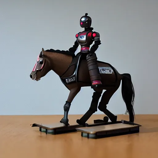 Prompt: a robot riding a horse in an office