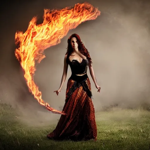 Prompt: Portrait photo beautiful princess manipulating fire detailed art