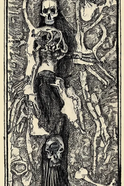 Image similar to tarot card of several skulls and bones with a young woman wearing a long dress stuck in the middle