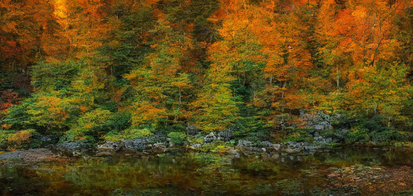 Prompt: stone cottages underneath a dense tall forest, pristine ponds. bodyscapes. fine painting intricate brush strokes, bright depth oil colors. 2 8 mm perspective multisourced photography by araken alcantara. intense promiseful happiness, autumn sunrise warm hdri forest light