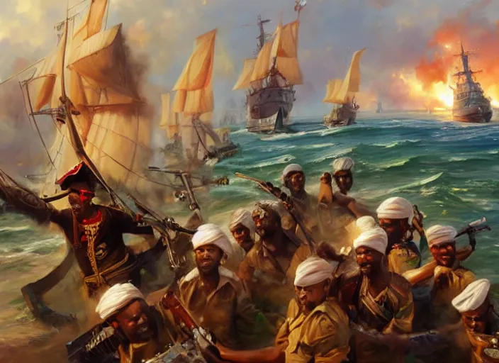 Image similar to modern day somalian pirates defeat the british empire navy by vladimir volegov and alexander averin and delphin enjolras and daniel f. gerhartz