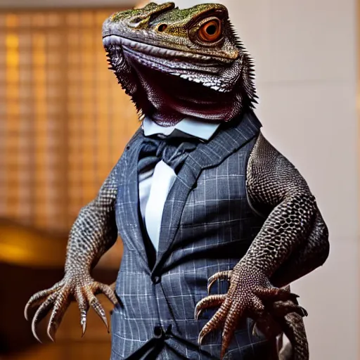 Image similar to a life sized bearded dragon standing up, wearing a suit and tie in a restaurant, asking you what you want to order for food