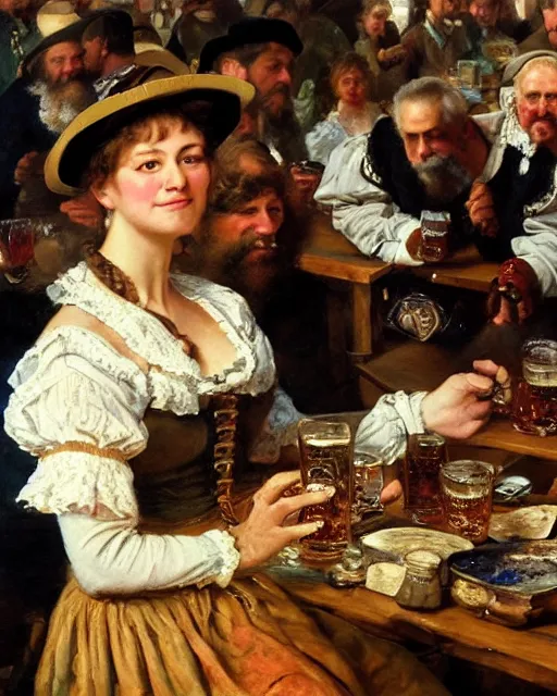 Image similar to a painting of janice jarratt holding a mug of beer at the oktoberfest, a detailed painting by konstantin makovsky and by jan matejko and by nikolay makovsky, shutterstock contest winner, german romanticism, detailed painting, oil on canvas, wimmelbilder