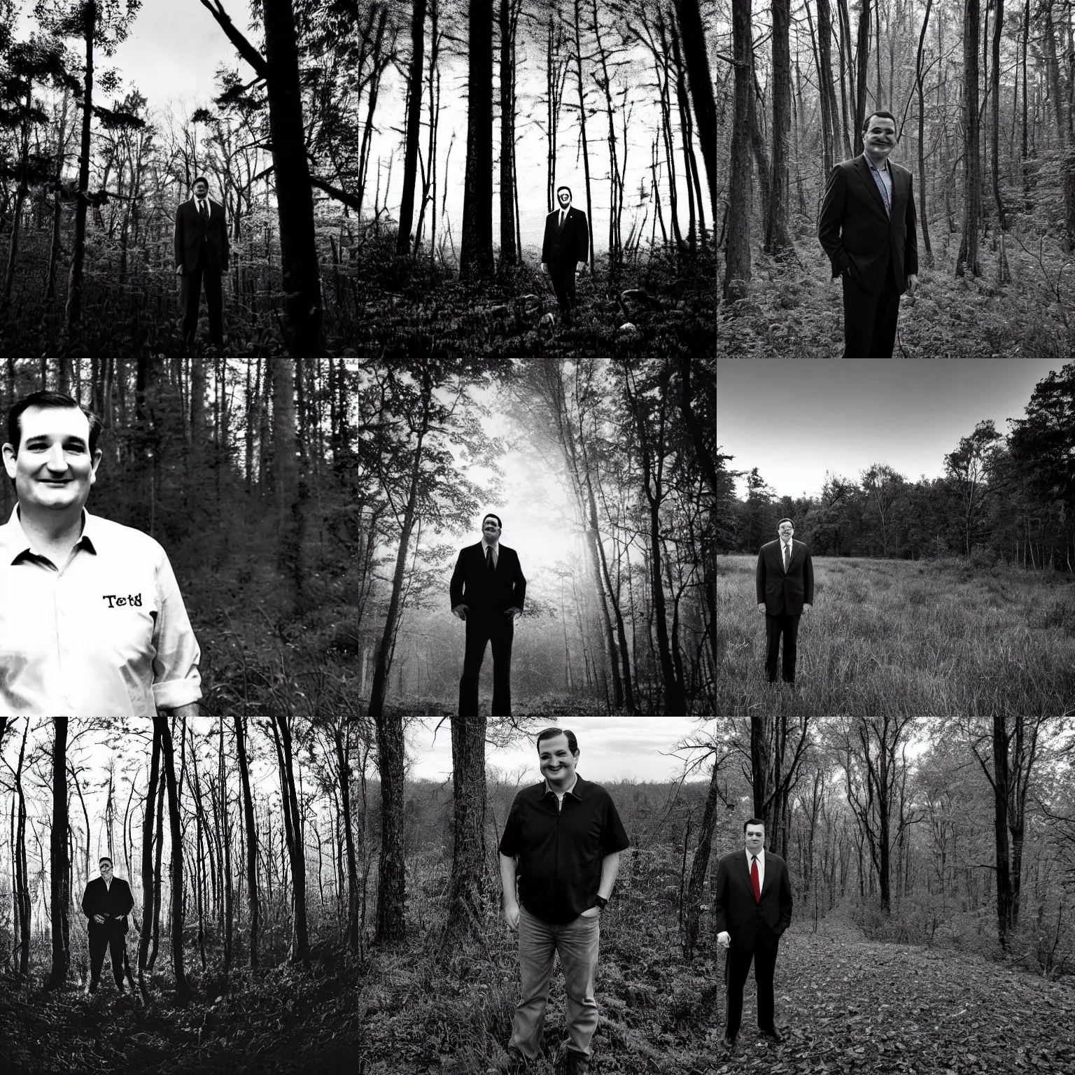 Prompt: ted cruz with a wide grin standing alone in the distance in a dense forest landscape over a twilight sky, black and white, evil, eerie, creepy, lovecraftian