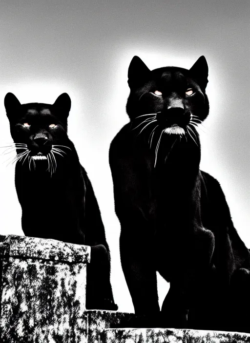 Image similar to two black panthers black and white portrait white sky in background