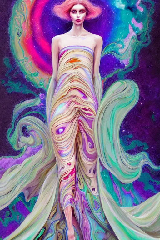 Prompt: 👾👗🛸🌈, paint marble, intricate flowing gown, high fashion, designer, streetwear, phantom, dreary, flowery details, dramatic, fluid, iridescent, golden ratio, artstation, moebius + loish + wlop, hd, oil painting, hyper realistic,