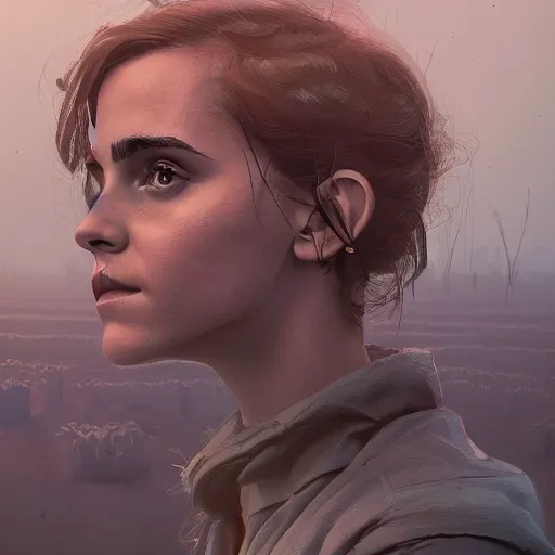 Prompt: a farm of human heads that look like Emma Watson, Simon Stalenhag, beeple, Wadim Kashin, 4K, cinematic