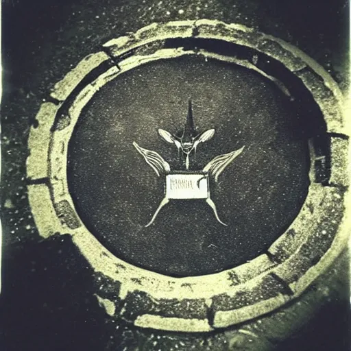 Prompt: baphomet's curse manhole in the night sky, polaroid photo, perfect photo, photo pinterest