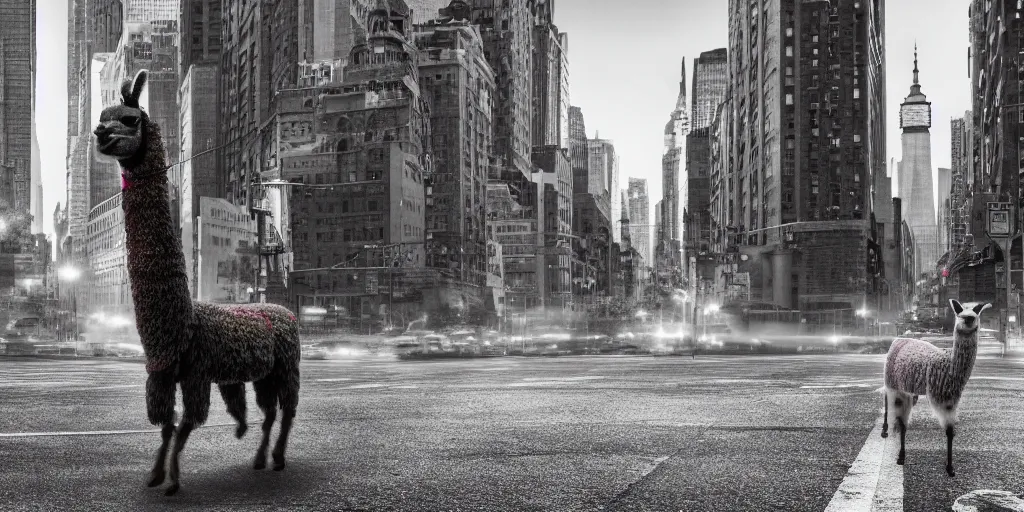 Image similar to a llama walking through a desolate manhattan city street at night, statue of liberty seen in the background, realistic 4 k octane beautifully detailed render, 4 k post - processing, highly detailed, detailed face, intricate complexity, epic composition, magical atmosphere, cinematic lighting, masterpiece, ultra hd