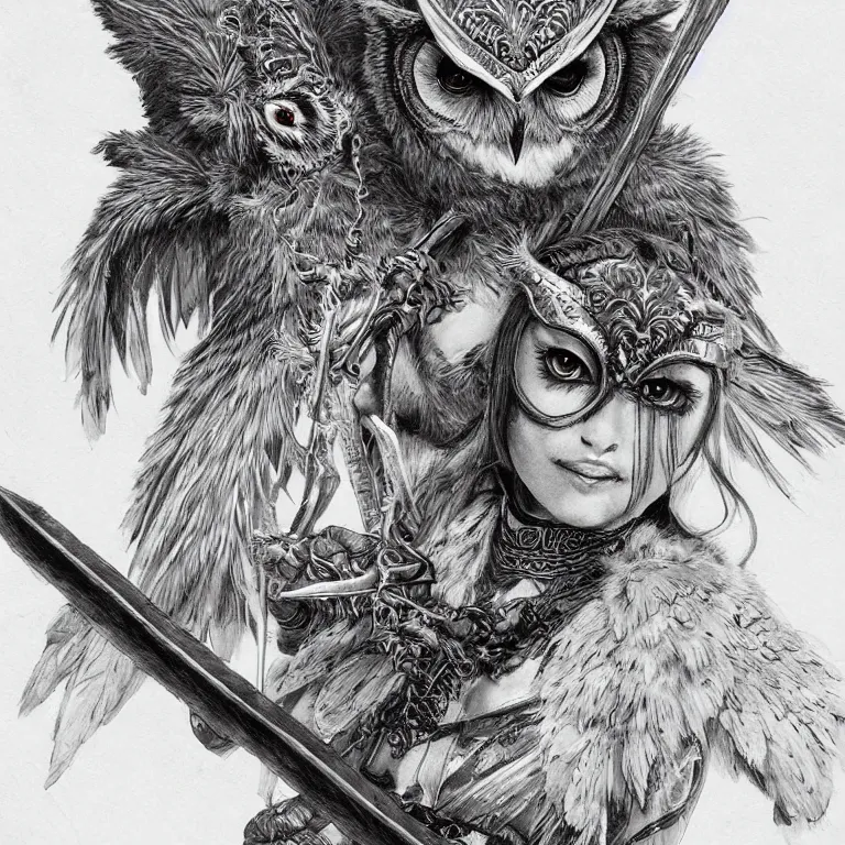 Image similar to female owl warrior, realistic proportions, sharp focus, beautiful face, in feather armor, wielding an owl axe, symmetrical, highly detailed, engraving kentaro miura manga art style trending on artstation 8 k