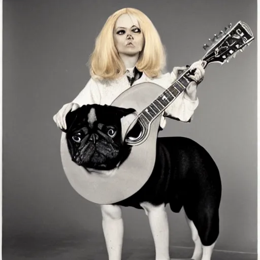 Image similar to pug with a big blonde wig playing delta blues, photograph