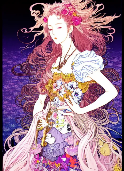 Prompt: artstation highly detailed terada katsuya fantasy bloom manga poster of girl mechine, rainbow gradient reflection, ayami kojima, long hair, armor, dress, laces, ruffles, 8 k, maximalist, alphonse mucha