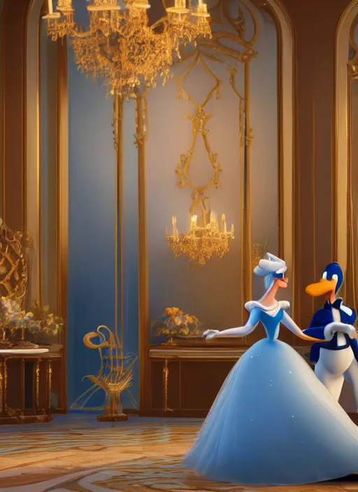 Image similar to cinderella and donald duck on a date the ritz, octane render, elegant, cinematic, elegant, intricate, 8 k