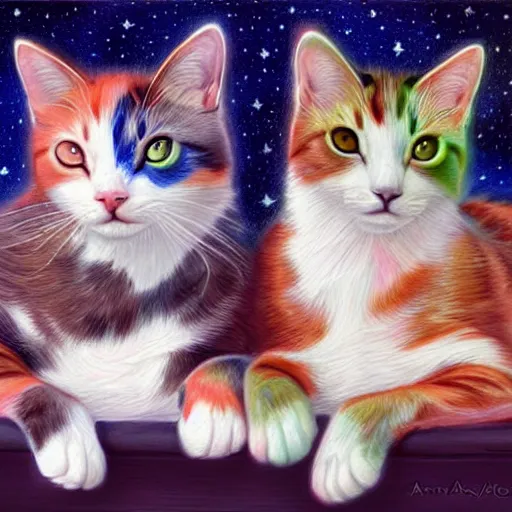 Image similar to two cute multi - colored calico cats with beautiful eyes sleeping inside a cozy home in the evening, stars shining in the night sky through the window, gorgeous art by artgerm, artstation, cgsociety, storybook art