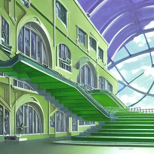 Image similar to a green slimegirl in a bright white hallway with many doors and many stairs, Mc Escher architecture, epic composition, by Makoto Shinkai